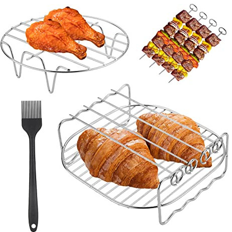 2 Piezas Rejilla para Freidora de Aire, Acero Inoxidable Accesorios Freidora de Aire, Multiusos Doble Capa Rejilla de Vapor Rejilla de Horno con 4 Pinchos + 1 Cepillo de Aceite para Hornear