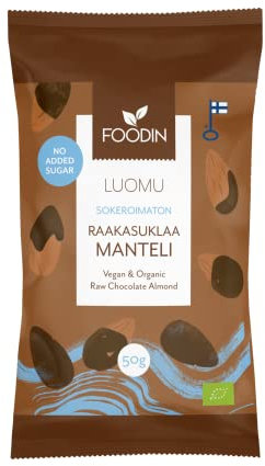 Foodin Organic Raw Chocolate No Added Sugar Almond 50g - Vegan, Gluten-Free, Handcrafted Dark Chocolate with Organic Almonds