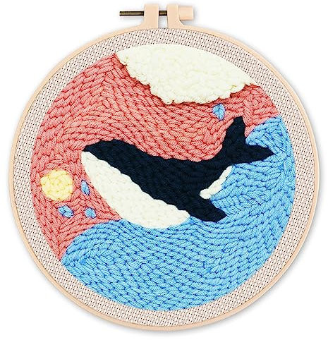 Figured'Art Punch Needle Set für Erwachsene - Stickerei, ideal für Anfänger - Hübscher blauer Wal - 20x20cm mit rundem Rahmen