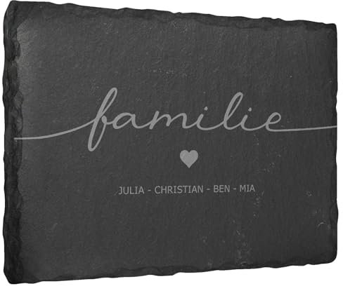 Gravierte Deko Schiefertafel ''Familie'' personalisiert mit Vornamen - 30x20 cm - Laser Gravur auf Natur-Schiefer - auswählbare Befestigungsoptionen - Schieferplatte Haustür Türschild Familienschild