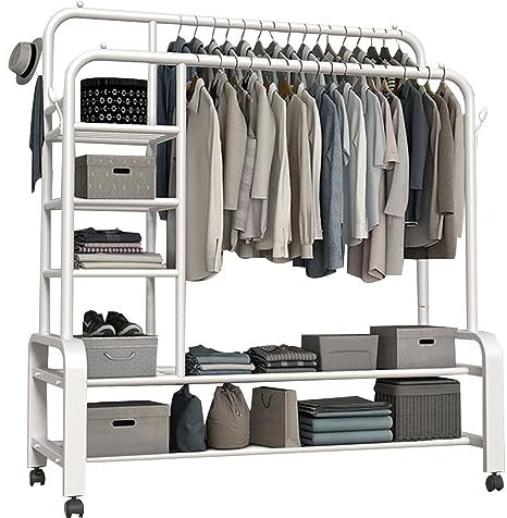 DODOBD Kleiderständer aus Metall, Multifunktionale Kleiderständer mit Rollen, Schlafzimmer, Kleiderstange, bis 100kg Belastbar, 360°Drehbare, für Flur, Eingangs: 120CM/140CM*50CM*135CM