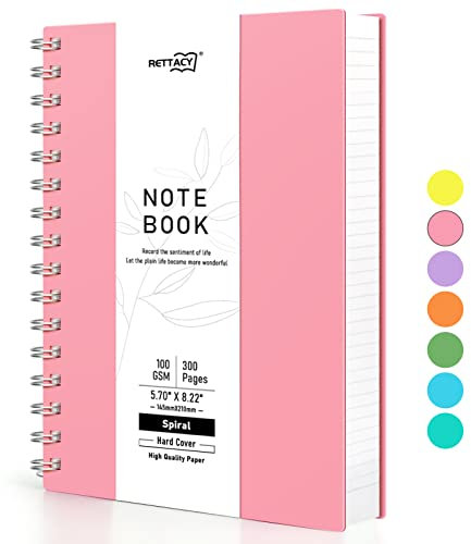 RETTACY A5 Notizblock, Notizbuch, Spiralgebundene Notizbücher, 300 Blatt/150 Seiten zum Schreiben, 100 g/m² College-liniertes Papier, PVC-Hardcover, 14,5 x 21 cm –Rosa