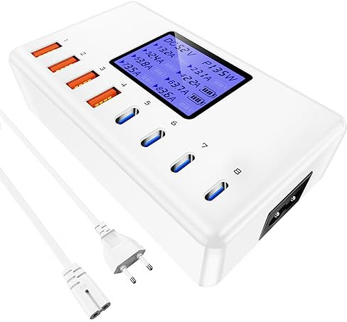 Layajia 152W Mehrfach Ladegerät Mit LCD Digitalanzeige, 4 USB-A und 4 USB-C Schnellladegerät, Netzteil für iPhone 16, iPad, Samsung und Mehr - Weiß