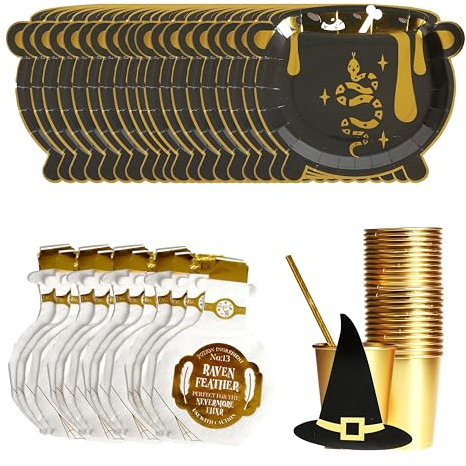 Halloween Party Pack - 60pc Set - 20x Black Cauldron Paper Plates, 20x Potion Bottle Napkins, 20x DIY Gold Witch Hat Party Cups - Halloween Party Tableware Pack