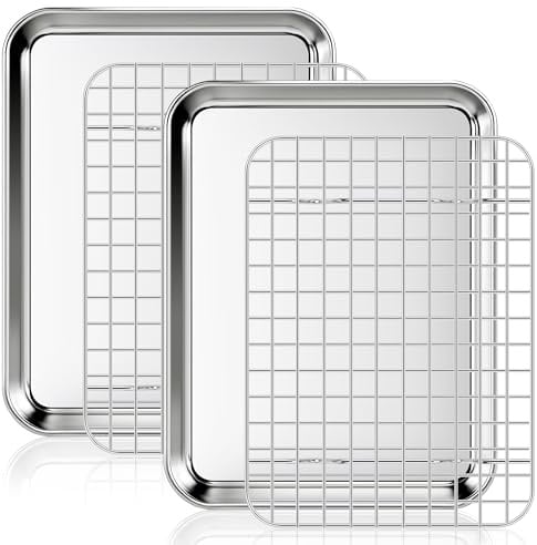 Fire More Bandeja de horno con rejilla de enfriamiento, 2 bandejas de acero inoxidable y 2 rejillas para horno, bandeja rectangular 26,5 x 20,5 x 2,5 cm para hornear y servir