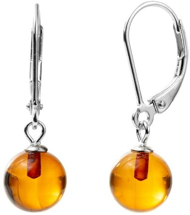 Pendientes colgantes de gancho francés de plata de ley de ámbar redondo báltico para mujer