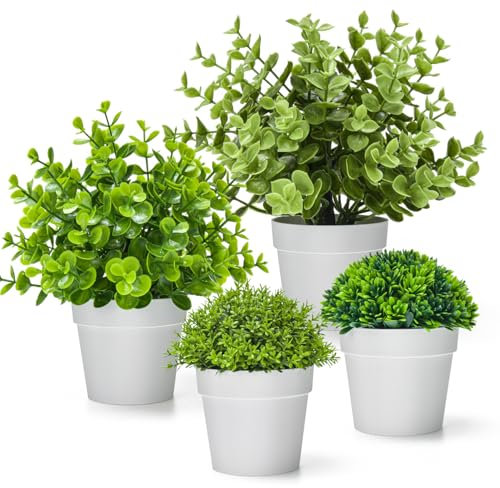 4er Künstliche Pflanzen im Topf, Kunstpflanzen Klein Wie Echt,Deko Pflanzen Künstlich Set mit Topf Fake Gefälschte Pflanzen Dekoration Eukalyptus Grün Gras Kleine Faux Plastikpflanzen Dekopflanzen