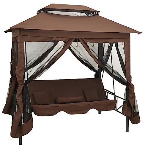 Gecheer Pavillon Schaukelstuhl Hollywoodschaukel, Gartenschaukel mit Bettfunktion, Stahlrahmen, Max. Tragfähigkeit 240 kg, 220 x 160 x 240 cm, Kaffeebraun