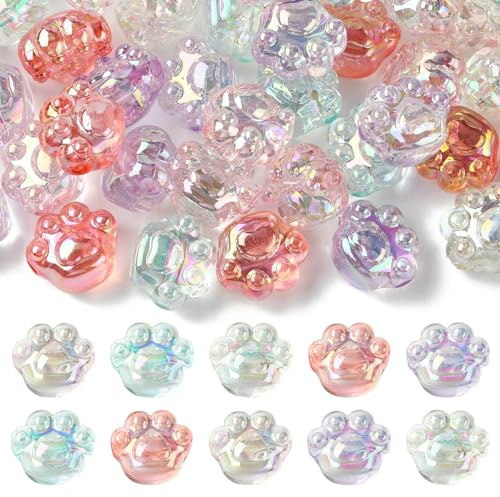 Stiesy 50 Stück, 5 Farben, AB-Farbe, Katzenpfotenabdruck-Perlen, transparentes Acryl, Tier-Fußabdrücke, Perlen, Kätzchenpfoten-Abstandshalter, lose Perlen für die Schmuckherstellung, Armband-Handwer