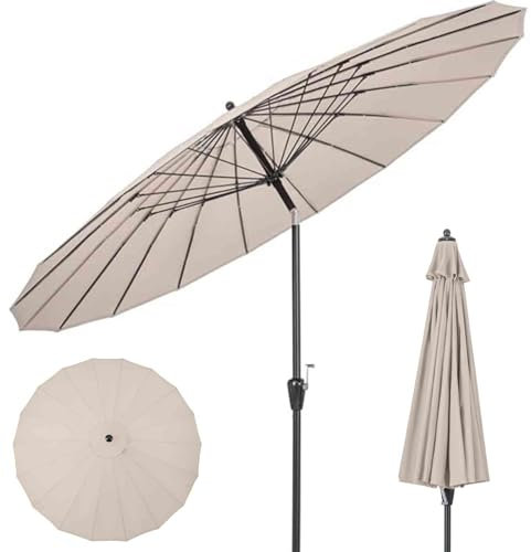 TANGZON 260cm/9ft Outdoor Patio Umbrella, Garden Parasol with Push Button Tilt, Crank Handle, Vented Top, 18 Heavy-Duty Fiberglass Rods, Market Umbrella for Poolside Deck Lawn Commercial (Beige)