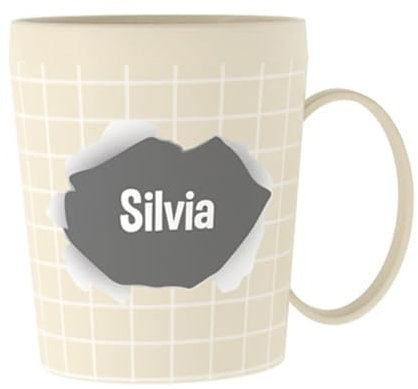 ILS I LOVE SHOPPING Taza personalizada con nombre, vaso de plástico, 350 ml, para microondas con asa de desayuno, fabricado en Italia (Silvia)