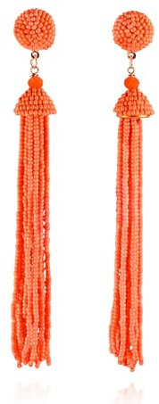Zavana Lange Quasten-Ohrringe für Damen, lange leuchtend orangefarbene Ohrringe für Frauen mit orangefarbenen Perlen, handgefertigte Boho Chic Ohrhänger, Long Tassel Ohrringe für Frauen