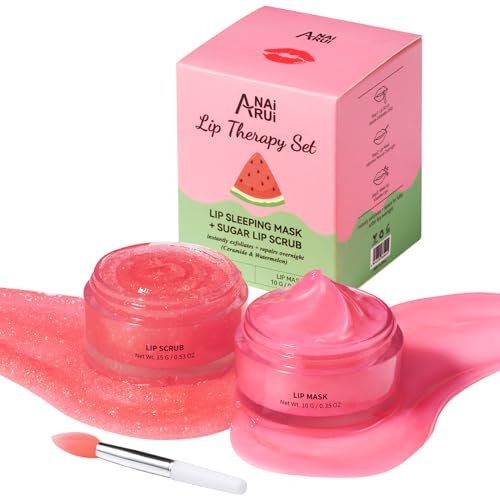 ANAiRUi Coffret gommage et baume à lèvres, Masque de nuit aux céramides et à la pastèque, Gommage exfoliant pour les lèvres, Coffret soin des lèvres pour les lèvres sèches, Gercées et qui pèlent