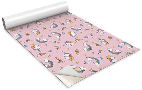 Wallfluent Deko für Möbel Hochwertige Klebefolie Dekofolie Tapete Möbelfolie Für Möbel Tisch Schrank Tür Küchenfronten 100x50cm Selbstklebende Küchenfolie - Einhörner und Regenbogen