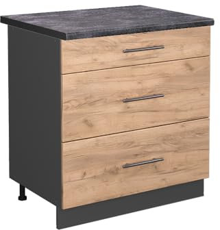 Vicco Küchenunterschrank Fame-Line, Goldkraft Eiche/Anthrazit, 80 cm mit 3 Schubladen, AP Anthrazit