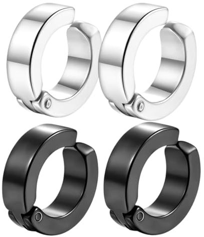 2 Paare Piercing Clip Ohrringe für Männer Frauen,Edelstahl Ohrringe Herren,Non Piercing Ohrringe Set Schwarz Silberton,Creolen Edelstahl ohne Loch Fake Ohrstecker Ohrclips Klappcreolen,Silber Schwarz