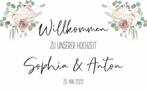 Miss Lovely Willkommens-Schild Hochzeit personalisiert mit Namen des Brautpaares & Hochzeits-Datum - personalisierte Hochzeits-Deko für den Empfang A2 42,0cm x 59,4cm - Boho Flower Blumen Querformat