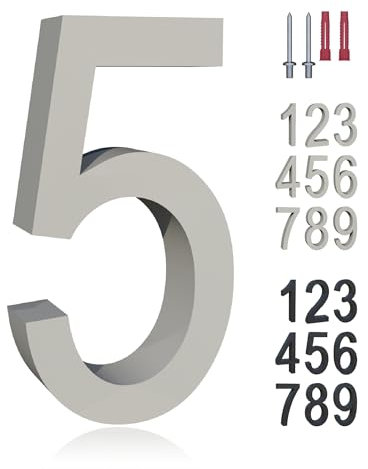 Beton-Hausnummer, moderne Beton-Adressenummer, wetterfeste Nummer für Hauswand, Garten und Briefkasten - einschließlich Montagematerial, graue 5