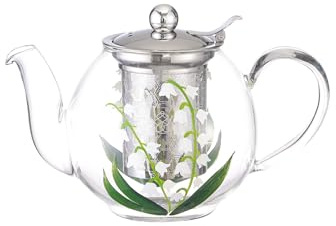 Cottea 1000 ml/35 oz Handbemalte Teekanne Aus Glas Mit Muster Für Den Herd, Teekanne Mit Siebeinsatz, Glas Teekessel Mit Teesieb, 1 Packung. (Maiglöckchen)