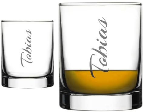 Personalisiertes Whiskeyglas mit Gravur, Name hochkant, 300ml Füllmenge, 9cm Größe – Stilvolles Trinkglas, Schnapsglas oder Gin-Glas mit individueller Gravur als Geschenk