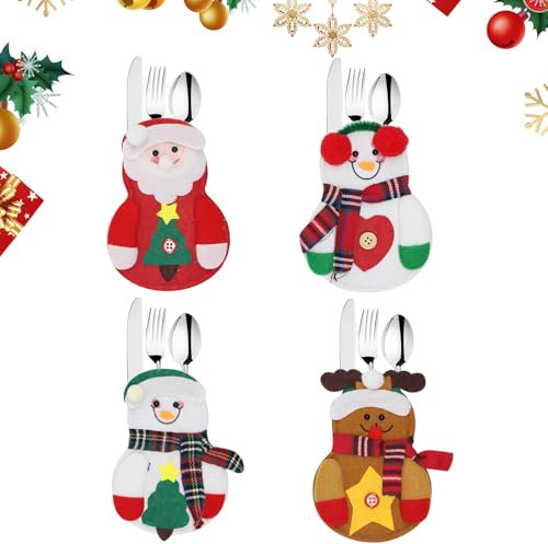 KUIRUNRX® Decoracion de Mesa Navidad, Bolsa Cubiertos Navidad, 4 Pcs Porta Cubiertos Navideños de Fieltro Papa Noel Gnomo Alce Cestas Bolsa Soporte para Cubiertos, Para decorar fiestas, mesas, Navidad