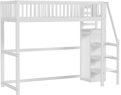 Azkoeesy Letto a soppalco singolo per bambini e adulti, con scala e armadio, protezione anticaduta e rete a doghe, spazio di archiviazione sotto il letto, bianco, 90 x 200 cm