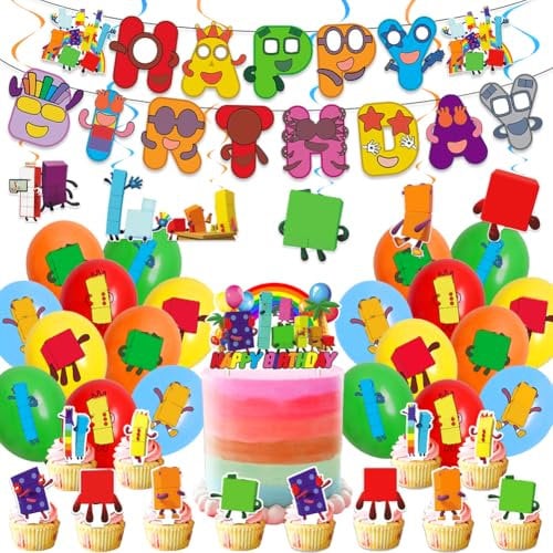 40PCS Number Birthday Party Supplies Set, Game Block Theme Birthday Party Decorations Number Latex Balloons Happy Birthday Banner Cake Cupcake Toppers for Kids’ Birthday Decorations
