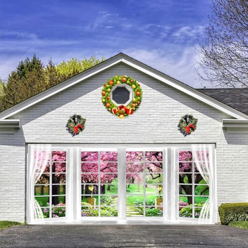 2,4 x 2,1 m Kirschblüten Garagentor Hintergrund Frühling Fenster Landschaft Rosa Garten Blume Landschaft Garagentor Abdeckung Valentinstag Indoor Outdoor Wand Banner Dekoration