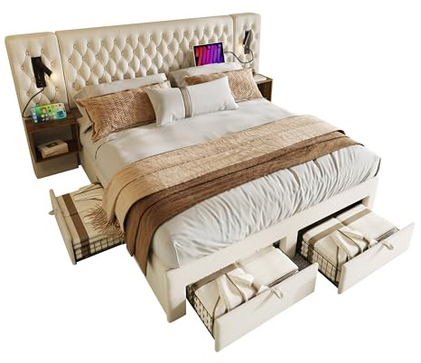 Bettanlage Schlafzimmer Komplett Set,Polsterbett Doppelbett 160×200 cm mit 2 Nachttischen &4 Schubladen, Kopfteil Leselicht mit USB Ladefunktion, Beige, Samt (Ohne Matratze) (Beige, 160×200cm)