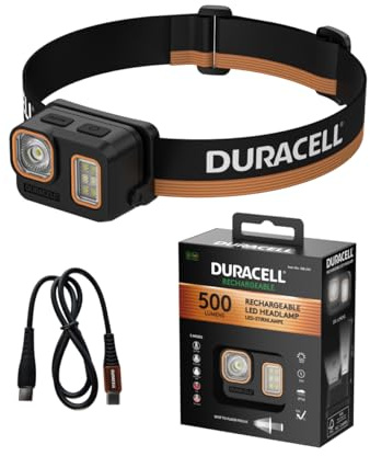 Duracell LED Stirnlampe DH500R Core – 500 Lumen, fokussierbar, 60 m Leuchtweite, Rotlichtfunktion, Outdoor & Camping, USB-C wiederaufladbar, Lithium-Akku, spritzwassergeschützt