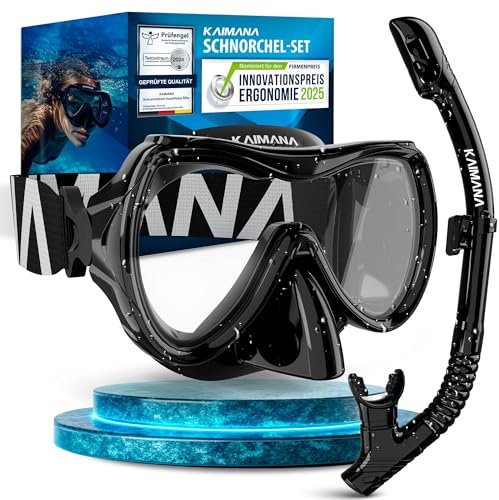 Set KAIMANA® Schnorchelset für Erwachsene aus gehärtetem Sicherheitsglas (Taucherbrille & trocken-Schnorchel), Bequeme Taucherbrille Erwachsene mit Silikon oder Stoffband