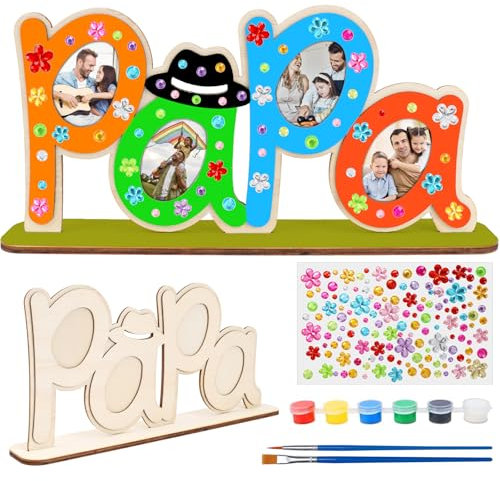 DKINY papa Geschenk von Tochter Sohn Papa Holzbuchstaben Bastelset für Kinder Vater Holzbastelset mit Standhilfe Holznamen bemalen und Fotos ankleben Beste papa Geschenk zum Weihnachten Vattertag