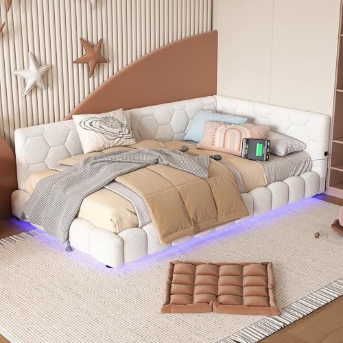 LAKFEW Kinderbett Einzelnbett 90x200, Sofabett Polsterbett mit LED, Schlafsofa mit Typ C und USB-Ladeanschluss, Bettgestell Bett mit Lattenrost, Weiß, Samt, Ohne Matratze