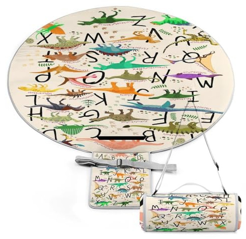 Anceky Runde Picknickdecke mit Dinosauriern und englischen Buchstaben, mit Tragegurt, faltbar, tragbar, 3-lagig, wasserdicht, für Outdoor-Camping, Sommer-Strandmatte, 152,4 cm Durchmesser