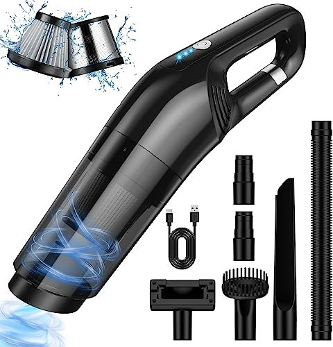 KACNON Upgrade Handstaubsauger - 12000Pa Kabelloser Auto-Staubsauger Akku - Mini-Tragbarer Handsauger mit 4 Düsen und Aufbewahrungstasche - Haushalt/Auto Staubsauger - Schwarz - [Energieklasse A+++]