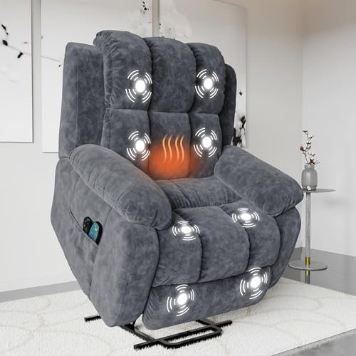 Blisswood Electric Recliner Armchair with Heat & Massage Power Lift Sofa Chair for Elderly, Single Motor Auto Riser & Recliner Chair for Living Room with Dual Remote & Side Pocket (Dark Grey)
