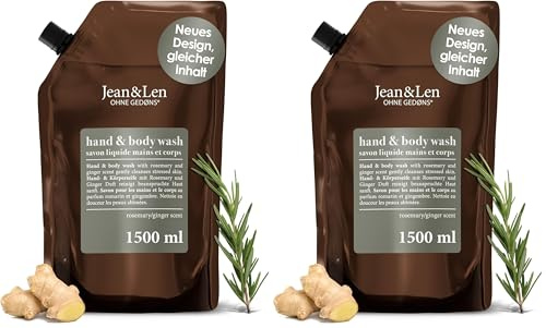 Jean & Len Savon Liquide pour les Mains au Romarin & au Gingembre, Livré dans une Recharge, Nettoie et Prend soin de la peau, Parfum Frais et Épicé, sans Silicones, Parabènes et Microplastiques, 1,5 L