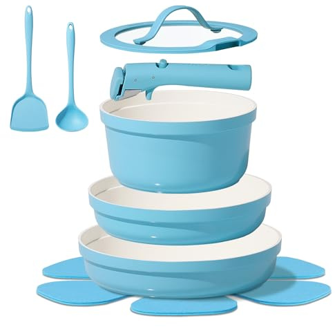 CAROTE 9pcs Pots and Pans Set,Ceramic Cookware Sets Non Stick with Detachable Handle, Induction Kitchen Pots and Pans,RV Cooking Set, Oven/Dishwasher/Fridge Safe, Space Saving