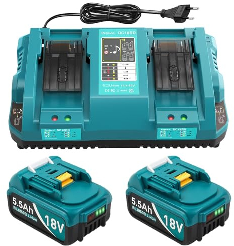 DC18RD Ladegeräte und 2 Stücke 5.5Ah Ersatzakkus für Makita Akku 18V | Kompatibel mit BL1815 BL1830 BL1840 BL1850 BL1860 BL1890 BL1415 BL1430 BL1440