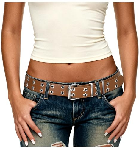 JasGood Damen Punk Gürtel,Y2K Doppelloch Gürtel mit Sternloch Goth Ledergürtel für Jeans Cosplay Hip Hop Rock