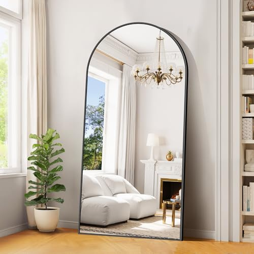 BONEWEI Bogen Ganzkörperspiegel, 180 × 86 cm Groß Standspiegel, Gewölbter Großer Wandspiegel mit Schwarzem Rahmen, Bodenspiegel Hängend, Stehend, Kippbar für Wohnzimmer, Schlafzimmer