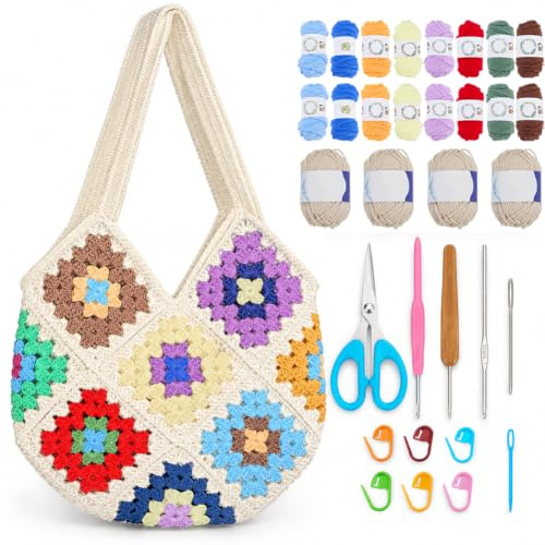 ORIGACH Granny Square Häkeltasche Häkelset Für Anfänger, Beige | Häkel Tasche Set für Erwachsene Mit Schritt Für Schritt Videoanleitungen