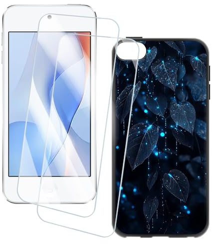OAGELIM 2er Pack Display Schutzfolie + Hülle Kompatibel mit iPod Touch 7 (4 Zoll) Künstlerisch Bedruckte Hülle und Gehärtetes Glas Kratzfest (Blätter)