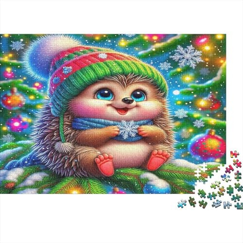 Igel-Puzzle mit Weihnachtsmotiv und Igelhut aus Recyclingkarton – pädagogisch wertvoll, herausfordernd, dekorativ und unterhaltsam – 70 x 50 cm / 1000 Teile