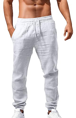 Luadnysin Pantaloni Uomo Lino Pantalone Trousers Traspirante Pantalaccio Larghi Fit Slim Vita Elastica Classico Cotone di Lavoro Palestra Estivi Baggy Casual,S-5XL
