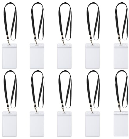 10x Lanyards Schlüsselbänder 1 cm breit mit 10x Ausweishüllen ZIP Kartenhalter flexibel & wasserdicht horizontal/vertikal für 1-2 Ausweise Karten Schutzhülle für Ausweise (10x Schwarz Vertikal)