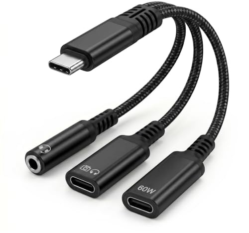 Seminer 3-in-1 USB C to 3.5mm/Type-C Headphone and Charger Adapter | USB C to Aux Audio Jack Adapter with PD 60W Fast Charging Compatible with iPhone 17/16/15, Galaxy S24/S23,Pixel (Black)