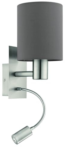EGLO Wandlampe Bett Pasteri Textil Wandleuchte | Schlafzimmer mit LED Leseleuchte, Leselampe Wandmontage aus Metall in Silber und Stoff in Anthrazit Braun, E27 Fassung