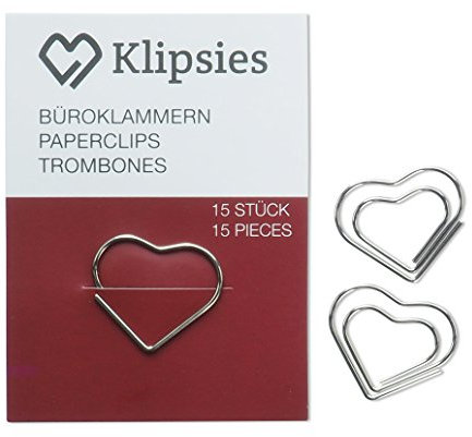 KLIPSIES Herz (Design wählbar) 15 Deko Büroklammern Motiv Heftklammern 1x15 Stück Silber