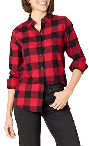 Amazon Essentials Chemise en Flanelle à Carreaux Légère, Manches Longues, Coupe Classique Femme, Rouge Carreaux Western, S